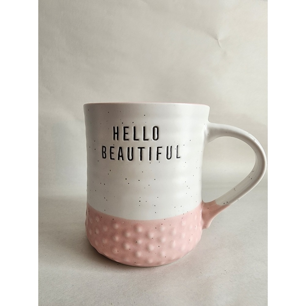 Heartland Hive Hello Beautiful Pink White Speckled Textured Ceramic Coffee Mug